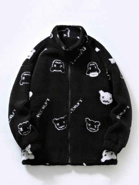 men cartoon and letter graphic teddy jacket v2uq#, Black;brown