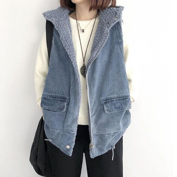 women's denim vest winter imitation lambswool loose large size mid-length thick warm hooded sleeveless waistcoat jacket y1105, Black;white
women's denim vest winter imitation lambswool loose large size mid-length thick warm hooded sleeveless waistcoat jacket y1105, Black;white