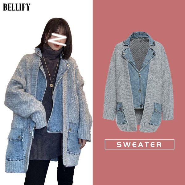 women's sweaters spring long sleeve ladies patchwork denim sweater big size female cashmere blend coat with pockets, White;black
women's sweaters spring long sleeve ladies patchwork denim sweater big size female cashmere blend coat with pockets, White;black