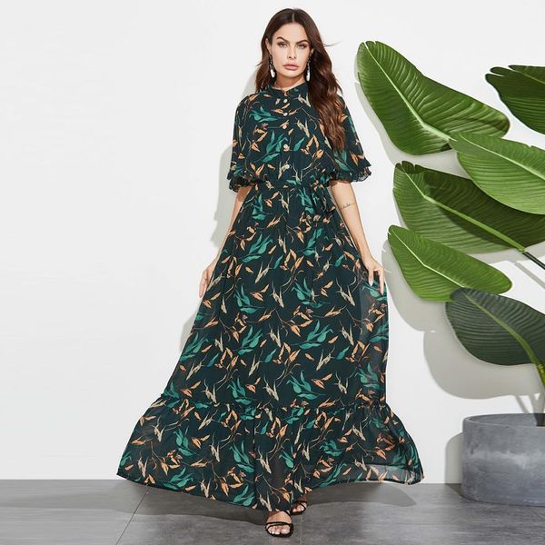 chiffon printed slim swing long dress navy green chest button stand collar flare half sleeve maxi a line dresses women, Black;gray
chiffon printed slim swing long dress navy green chest button stand collar flare half sleeve maxi a line dresses women, Black;gray