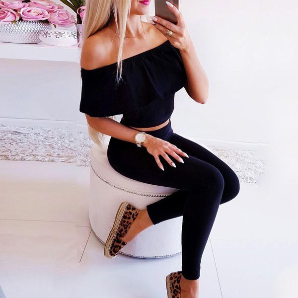 2 piece sets women off shoulder ruffles short sleeve strapless solid crop elastic waist slim pencil pant female outfits1, White
2 piece sets women off shoulder ruffles short sleeve strapless solid crop elastic waist slim pencil pant female outfits1, White