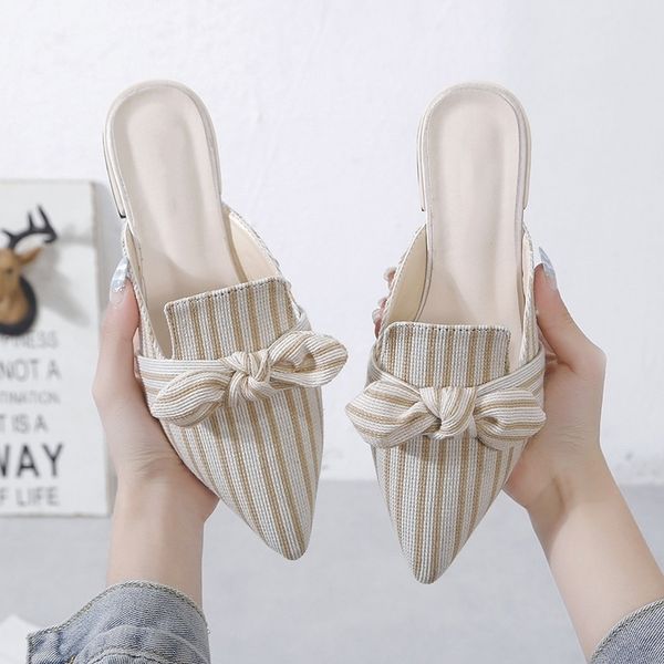 women's slippers ladies elegant pointed toe shoes woman bowtie stripes low heels women fashion female mules summer new y200624, Black
women's slippers ladies elegant pointed toe shoes woman bowtie stripes low heels women fashion female mules summer new y200624, Black