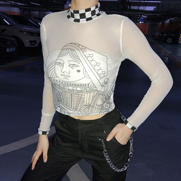 women's hip-hop see-through lace mesh sheer plaid high turtleneck printed long sleeve crop t-shirt tee, White
women's hip-hop see-through lace mesh sheer plaid high turtleneck printed long sleeve crop t-shirt tee, White