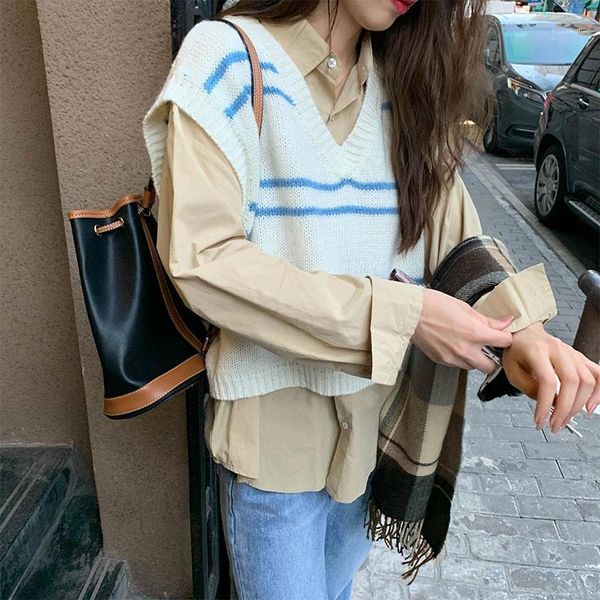 2 colors 2020 korean preppy style v-neck stripe vest sweaters womens sleeveless knitted sweaters female(x1673)1, White;black 
2 colors 2020 korean preppy style v-neck stripe vest sweaters womens sleeveless knitted sweaters female(x1673)1, White;black