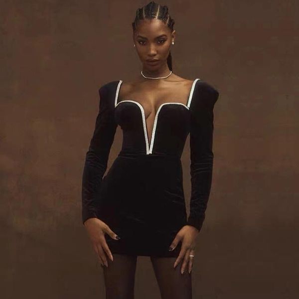 casual dresses adyce 2021 winter black long sleeve deep v neck club mini dress women luxury diamonds celebrity party bodycon, Black;gray 
casual dresses adyce 2021 winter black long sleeve deep v neck club mini dress women luxury diamonds celebrity party bodycon, Black;gray