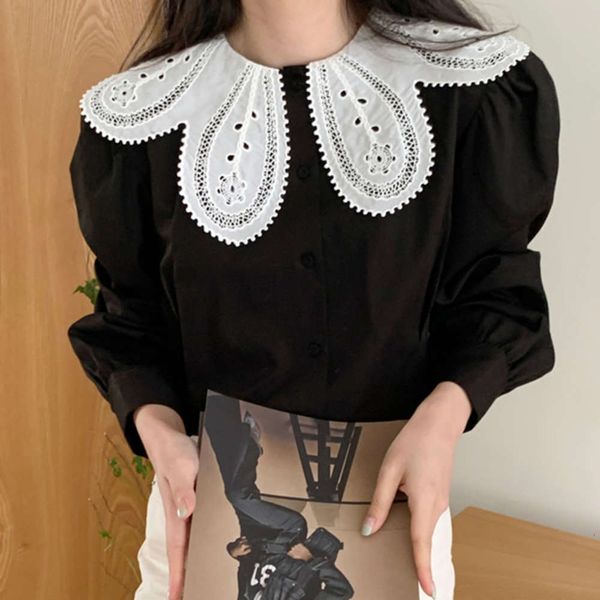 south korea's unique lapel hook flower embellishment single breasted loose and versatile bubble sleeve shirt top, White
south korea's unique lapel hook flower embellishment single breasted loose and versatile bubble sleeve shirt top, White