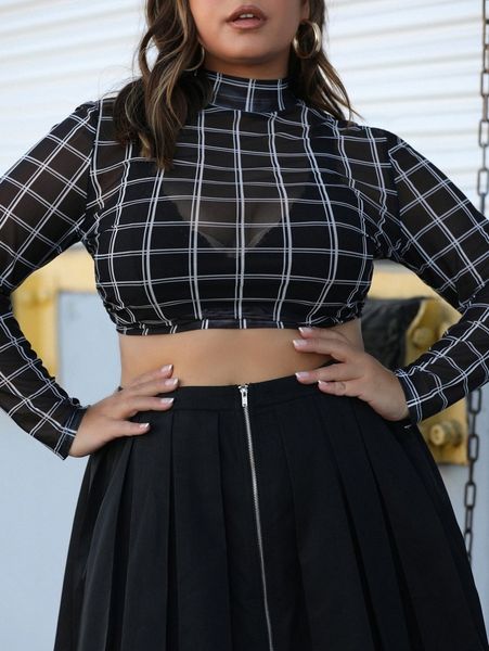plus sheer plaid print mock neck 64q0#, Black
plus sheer plaid print mock neck 64q0#, Black