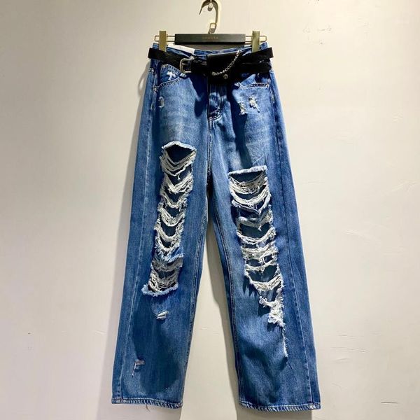 2020 summer new beggar broken hole old wash design bag belt denim wide leg pants women 05031, Blue
2020 summer new beggar broken hole old wash design bag belt denim wide leg pants women 05031, Blue