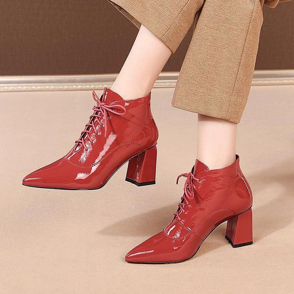 genuine leather women's boots poined toe high square heels ladies ankle boots lace up working night club shoes woman, Black
genuine leather women's boots poined toe high square heels ladies ankle boots lace up working night club shoes woman, Black