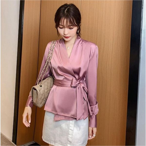 2019 autumn long sleeve wrap v neck satin blouse shirts women ladies elegant work shirt bow lace up waist satin blouses, White
2019 autumn long sleeve wrap v neck satin blouse shirts women ladies elegant work shirt bow lace up waist satin blouses, White