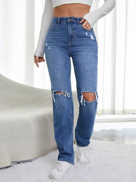 high waist ripped frayed straight leg jeans f3mx#, Blue 
high waist ripped frayed straight leg jeans f3mx#, Blue