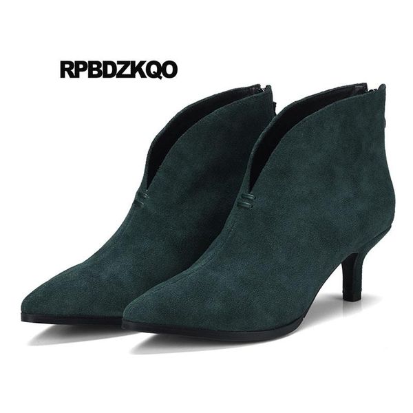 pointed toe stiletto fur designer autumn short green suede women ankle boots medium heel winter booties genuine leather shoes, Black 
pointed toe stiletto fur designer autumn short green suede women ankle boots medium heel winter booties genuine leather shoes, Black