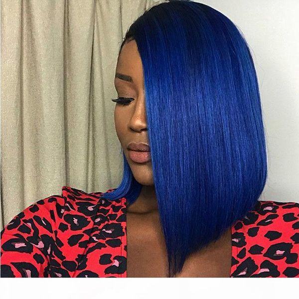 

side part blue color short lace front synthetic wigs brazilian hair ombre color bob wig for black women pre plucked hairline bleached knots