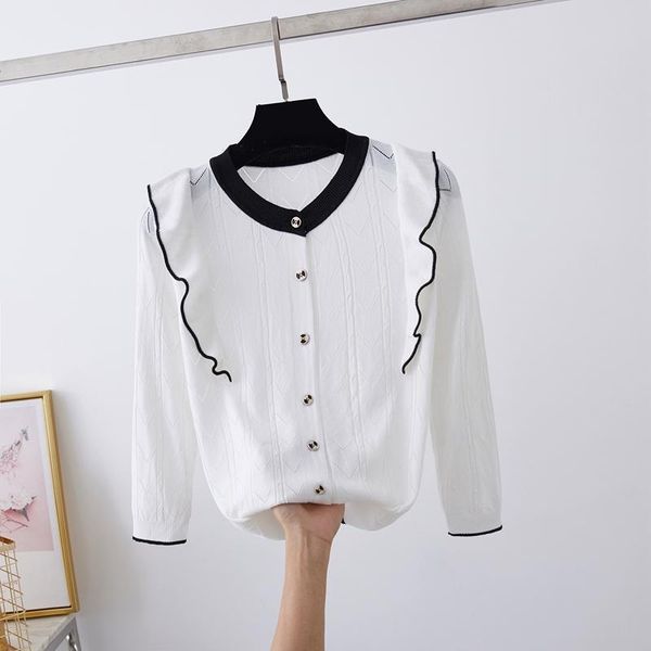 women's knits & tees ice silk knitted cardigan women o-neck short ruffles hollow out three quarter thin sweater 2021 arrival modis, White
women's knits & tees ice silk knitted cardigan women o-neck short ruffles hollow out three quarter thin sweater 2021 arrival modis, White