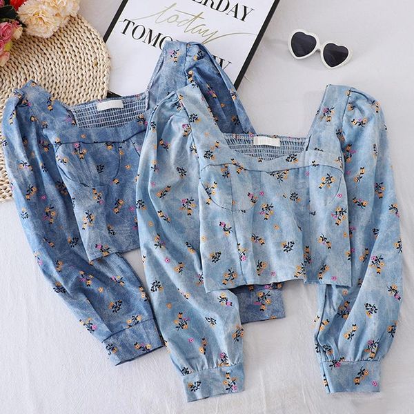 women's floral square collar sweet exposed navel long sleeve denim shirt blouses, White
women's floral square collar sweet exposed navel long sleeve denim shirt blouses, White