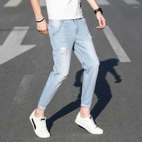 spring and autumn fashion men's cotton and linen stretch jeans trousers loose holes denim street korean tight skinny pants1, Blue 
spring and autumn fashion men's cotton and linen stretch jeans trousers loose holes denim street korean tight skinny pants1, Blue