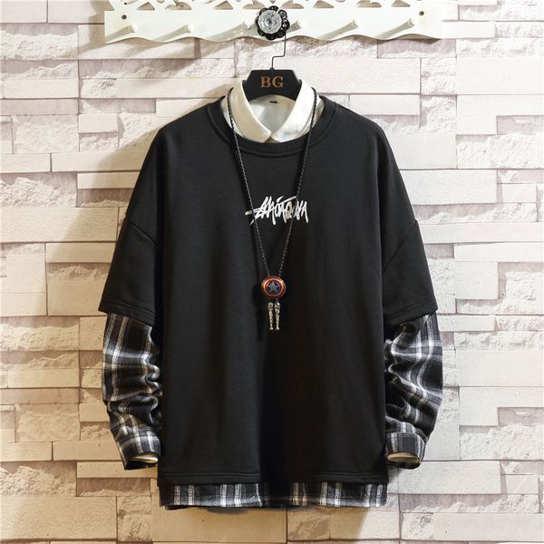 2021 new japan casual o-neck patchwork hoodie sweatshirt men thick fleece style hip hop high streetwear clothing 2qtt, Black
