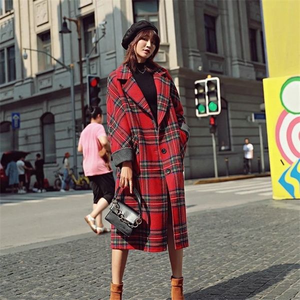new arrival women red plaid blend wool coat casual single button thick warm with pocket elegant long fashion feminine outwear y1120, Black
new arrival women red plaid blend wool coat casual single button thick warm with pocket elegant long fashion feminine outwear y1120, Black