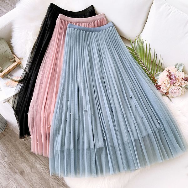 2021 new spring summer beading mesh pleated skirts high waisted women midi party tulle tutu skirt saias faldas jupe femme j8ph, Black 
2021 new spring summer beading mesh pleated skirts high waisted women midi party tulle tutu skirt saias faldas jupe femme j8ph, Black