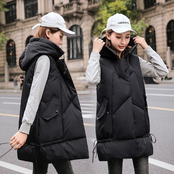 2020 new women autumn winter casual long hooded sleeveless jacket cotton padded solid color outwear waistcoat thick vests a1841, Black;white 
2020 new women autumn winter casual long hooded sleeveless jacket cotton padded solid color outwear waistcoat thick vests a1841, Black;white