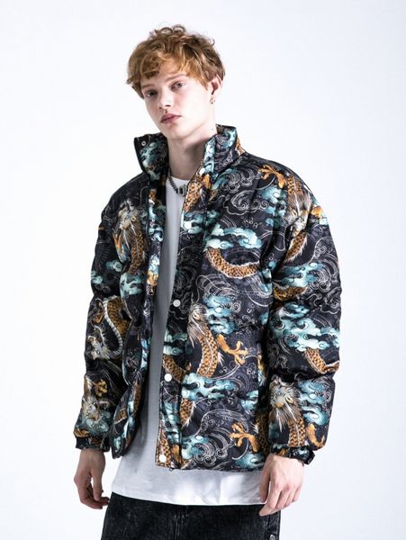 men chinese dragon print drop shoulder puffer coat z012#, Black;brown