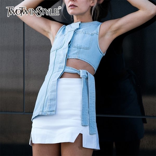 twotwinstyle sleeveless denim vest off shoulder lace up hollow out big size irregular jeans vests female clothing tide 201031, Black;white
twotwinstyle sleeveless denim vest off shoulder lace up hollow out big size irregular jeans vests female clothing tide 201031, Black;white