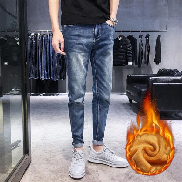 men's jeans autumn winter thicken slim feet plus velvet warm korean style casual long pencil pants homme straight denim trousers, Blue 
men's jeans autumn winter thicken slim feet plus velvet warm korean style casual long pencil pants homme straight denim trousers, Blue