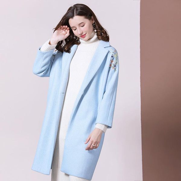 and winter european and american women's light mature wind thorn embroidered medium length loose coat woolen coat, Black
and winter european and american women's light mature wind thorn embroidered medium length loose coat woolen coat, Black