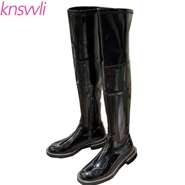 chain decor flat women boots black leather stretch thigh high boots woman round toe knight over the knee women brand shoes1
chain decor flat women boots black leather stretch thigh high boots woman round toe knight over the knee women brand shoes1