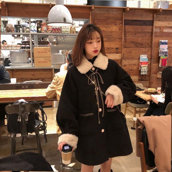 college style lamb wool thickened tweed jacket women's new mid long woolen collar winter coat, Black
college style lamb wool thickened tweed jacket women's new mid long woolen collar winter coat, Black