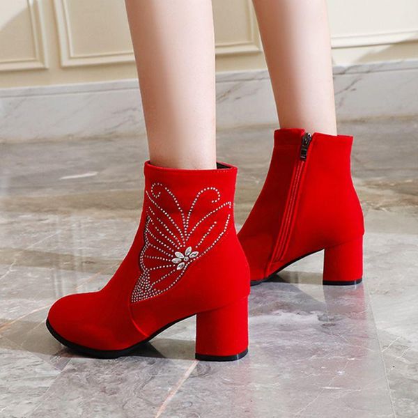 Festive Red Wedding Boots Autumn Women Boots Med Heel Ankle Soft Suede Rhinestone Butterfly Booties Women Bridals Shoes, Black
Festive Red Wedding Boots Autumn Women Boots Med Heel Ankle Soft Suede Rhinestone Butterfly Booties Women Bridals Shoes, Black