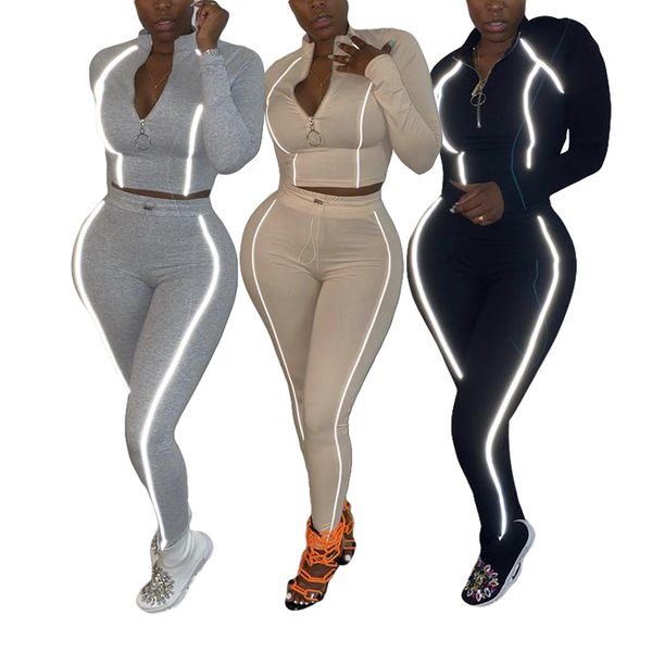 popular european and american women's solid color reflective strip splicing fashion sports and leisure two-piece set, Gray
popular european and american women's solid color reflective strip splicing fashion sports and leisure two-piece set, Gray