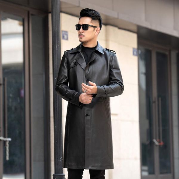 men's leather & faux windbreaker long coat thin super sheepskin suit collar, Black