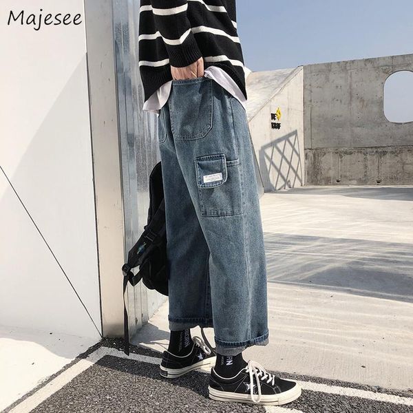 men jeans denim straight loose solid pockets cargo ankle-length plus size 3xl wide leg streetwear hip hop korean fashion trendy, Blue