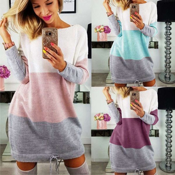 autumn and winter loose show thin color contrast round neck long sleeve sweater dress, White;black
autumn and winter loose show thin color contrast round neck long sleeve sweater dress, White;black