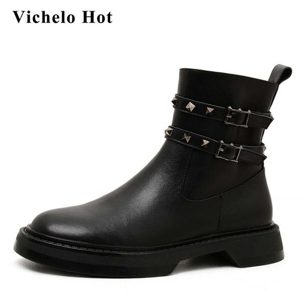 vichelo snow boots natural leather buckle rivets decorations round toe thick med heel zipper winter warm ankle boots l16, Black
vichelo snow boots natural leather buckle rivets decorations round toe thick med heel zipper winter warm ankle boots l16, Black