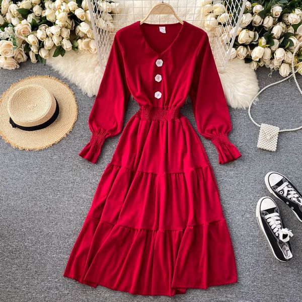 2021 new female elastic puff sleeves button the line dressed up elegant autumn solid ruffle long dress yn87, Black;gray
2021 new female elastic puff sleeves button the line dressed up elegant autumn solid ruffle long dress yn87, Black;gray