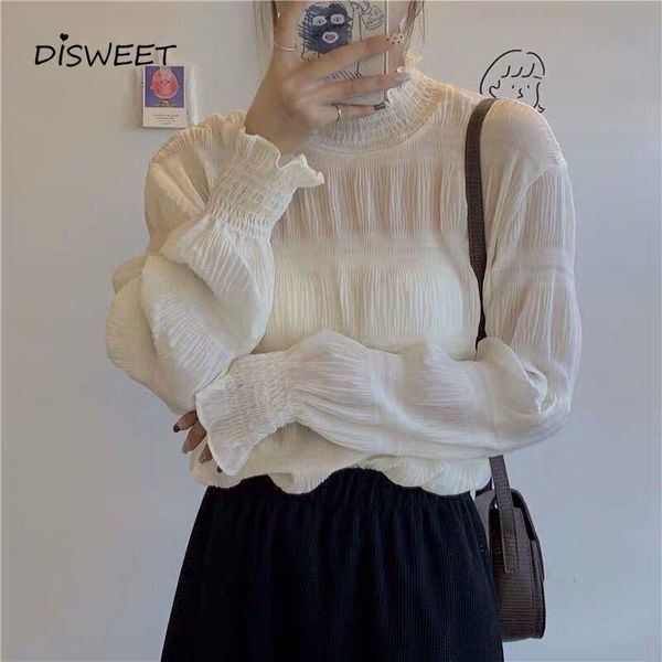 women's blouses & shirts chiffon high neck shirt woman simple long sleeve loose transparent women casual pleated lace solid 2021, White
women's blouses & shirts chiffon high neck shirt woman simple long sleeve loose transparent women casual pleated lace solid 2021, White