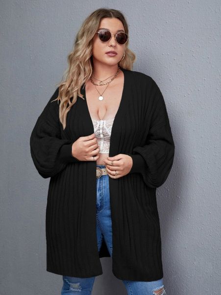 plus drop shoulder open front cardigan e5yw#, Black