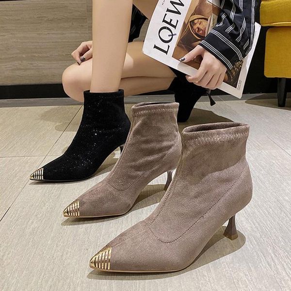 boots 2021 fashion women party shoes ladies ankle brand woman thin heels 6.5cm a2774, Black