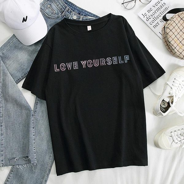 футболка harajuku женщины новая буква напечатана женская футболка летний коротким рукавом повседневная корейский kpop люблю себя альбом верх, White 
футболка harajuku женщины новая буква напечатана женская футболка летний коротким рукавом повседневная корейский kpop люблю себя альбом верх, White