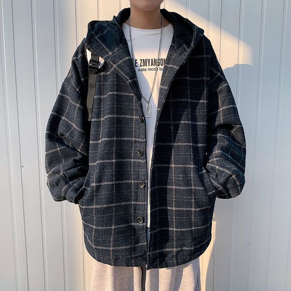 2020 winter thick hooded plaid fashion tweed casual loose large men's jacket, Black;brown 
2020 winter thick hooded plaid fashion tweed casual loose large men's jacket, Black;brown