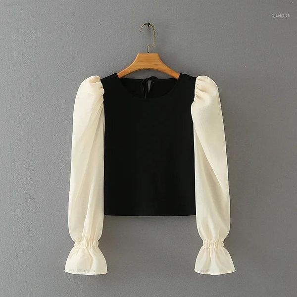 woman contrast color puff sleeve splicing knitting t shirt casual femme o-neck slim t13731, White
woman contrast color puff sleeve splicing knitting t shirt casual femme o-neck slim t13731, White