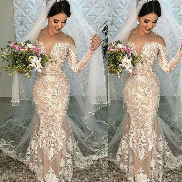 2022 boho country mermaid wedding dresses champagne illusion neck full lace appliques long sleeves sweep train custom formal bridal gowns pl, White
2022 boho country mermaid wedding dresses champagne illusion neck full lace appliques long sleeves sweep train custom formal bridal gowns pl, White