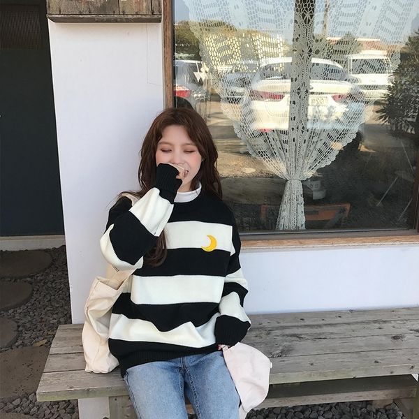 women's sweaters kawaii ulzzang college wind candy contrast striped moon sweater female korean harajuku clothing for women y200116, White;black
women's sweaters kawaii ulzzang college wind candy contrast striped moon sweater female korean harajuku clothing for women y200116, White;black