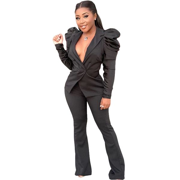 women puff sleeve pant suit single button slim blazers high waist pants famale pants suit, White;black
women puff sleeve pant suit single button slim blazers high waist pants famale pants suit, White;black