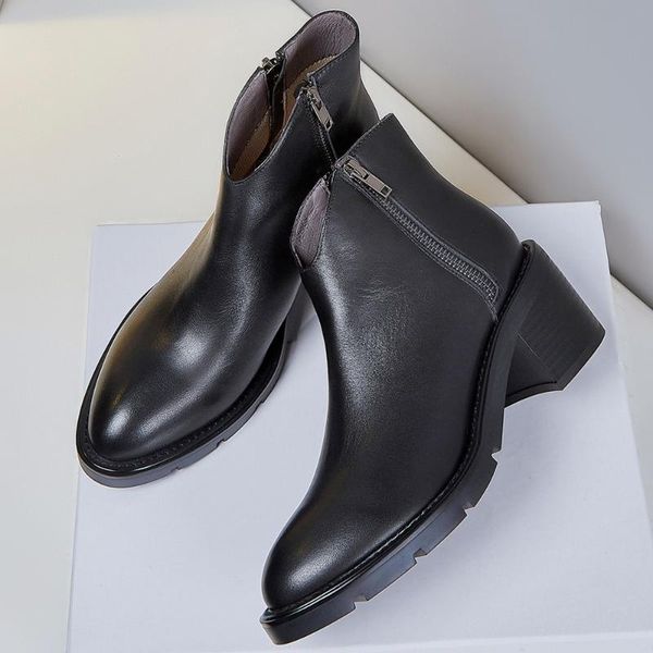 women's genuine leather thick med heel side zip autumn ankle boots round toe casual female soft comfortable short booties shoes, Black
women's genuine leather thick med heel side zip autumn ankle boots round toe casual female soft comfortable short booties shoes, Black