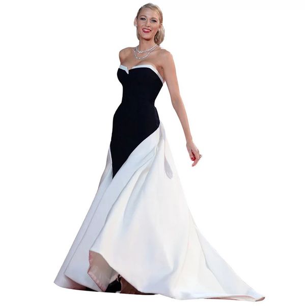 red carpet celebrity dresses formal strapless evening gowns black white satin train sweetheart ceremony prom dress, Black;red
red carpet celebrity dresses formal strapless evening gowns black white satin train sweetheart ceremony prom dress, Black;red