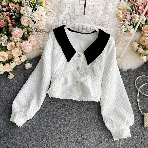 autumn women short blouse elegant turn-down collar single breasted black/white shirts female long sleeve sweet fashion 2020
autumn women short blouse elegant turn-down collar single breasted black/white shirts female long sleeve sweet fashion 2020
