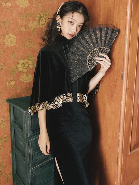 black velvet embroidered long female dress 2021 elegant spring improved cheongsam sheath night party two pieces together oyhr, Black;gray
black velvet embroidered long female dress 2021 elegant spring improved cheongsam sheath night party two pieces together oyhr, Black;gray